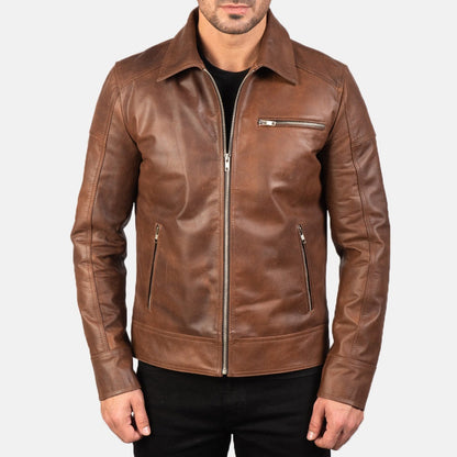 Sierra men's brown genuine leather jacket front closed view – VOOLUP
