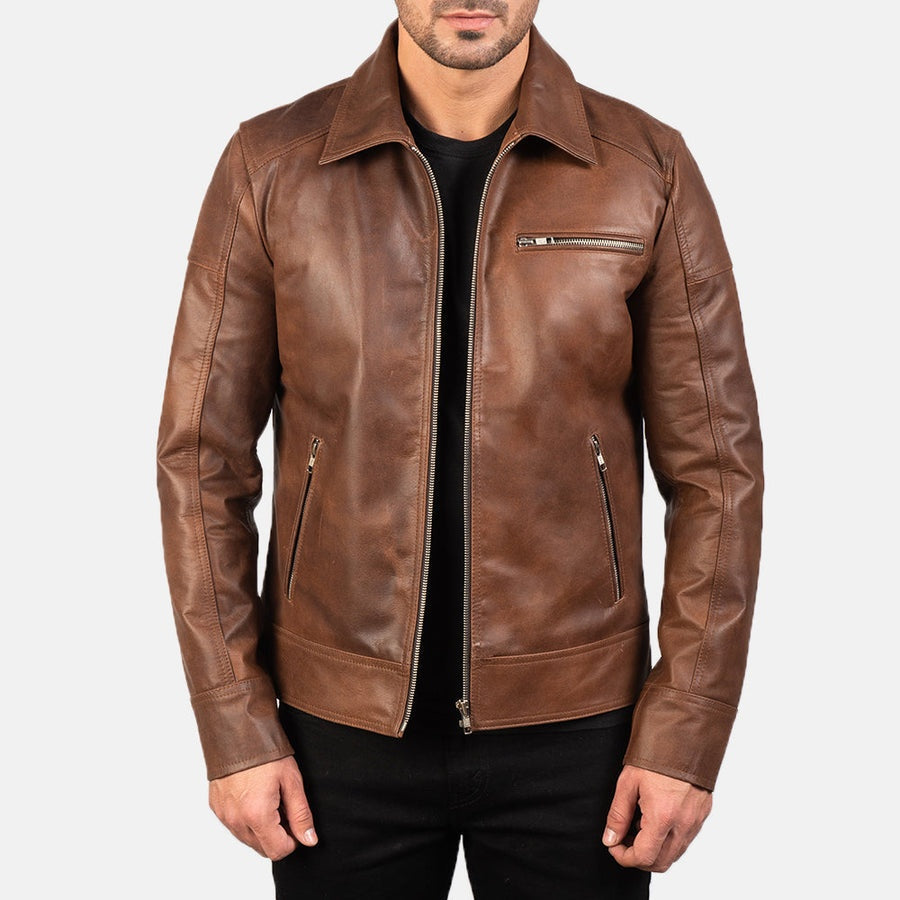 Sierra Men's Brown Leather Jacket front open view – VOOLUP