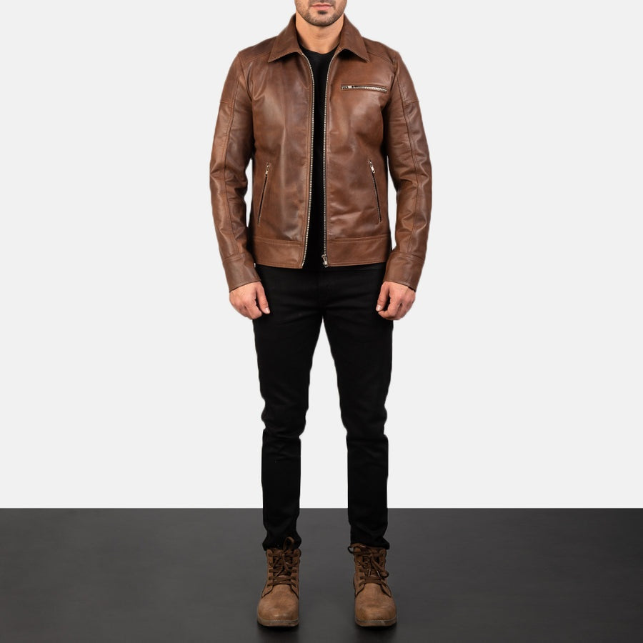 Sierra Men's Brown Leather Jacket front view – VOOLUP