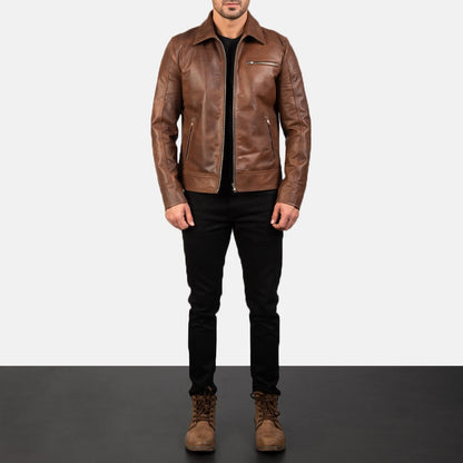 Sierra Men's Brown Leather Jacket front view – VOOLUP