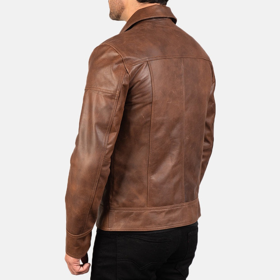 Sierra Men's Brown Leather Jacket side and back view – VOOLUP