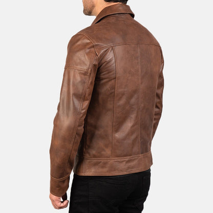 Sierra Men's Brown Leather Jacket side and back view – VOOLUP
