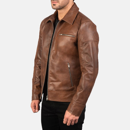 Sierra Men's Brown Leather Jacket side view – VOOLUP