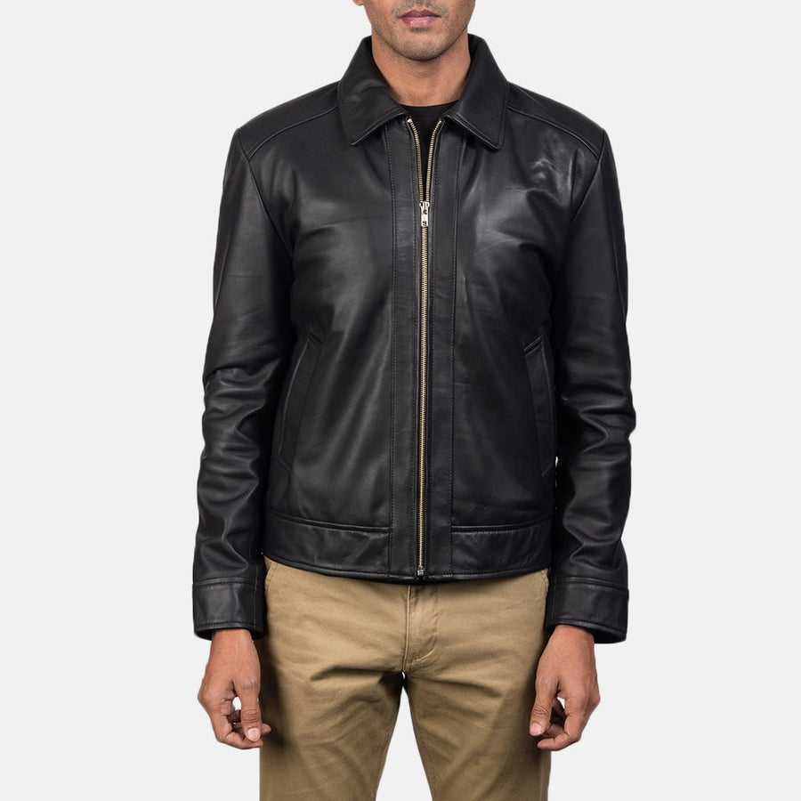 Titan men's black genuine leather jacket front closed view – VOOLUP