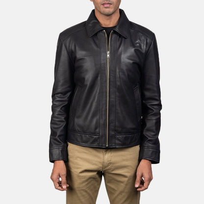Titan men's black genuine leather jacket front closed view – VOOLUP