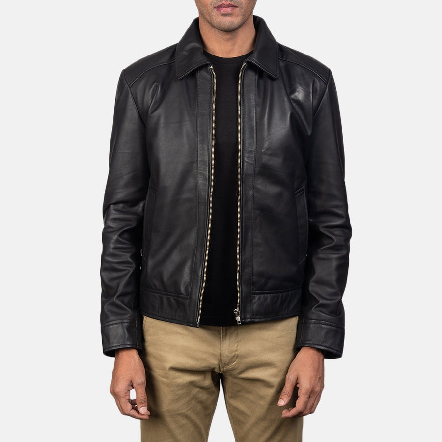 Titan Men's Black Leather Jacket front view – VOOLUP