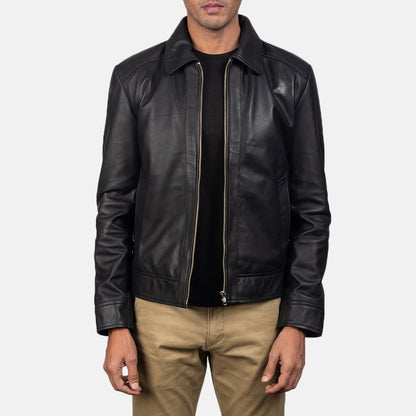 Titan Men's Black Leather Jacket front view – VOOLUP
