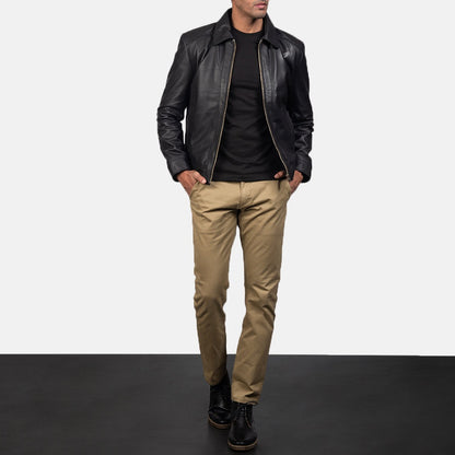 Titan Men's Black Leather Jacket front detail view – VOOLUP