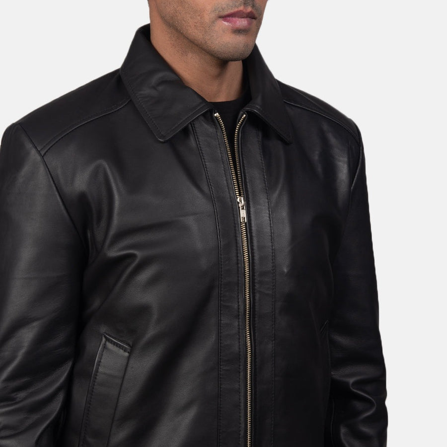 Titan Men's Black Leather Jacket side detail closeup – VOOLUP