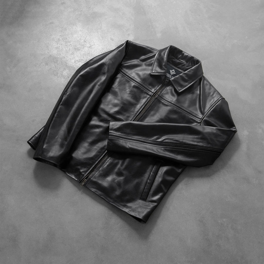 Vortex Men's Black Leather Jacket lifestyle view – VOOLUP