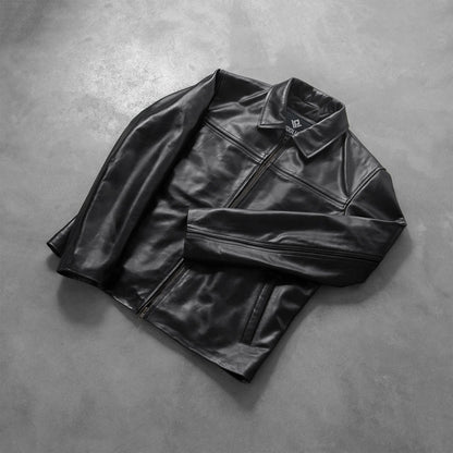 Vortex Men's Black Leather Jacket lifestyle view – VOOLUP