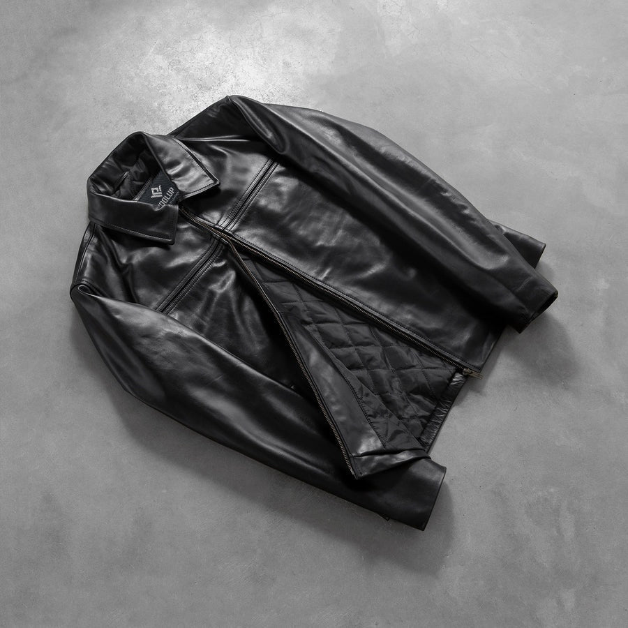 Vortex Men's Black Leather Jacket lifestyle detail – VOOLUP
