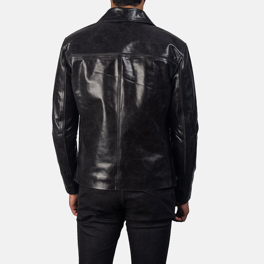Vortex Men's Black Leather Jacket back view – VOOLUP