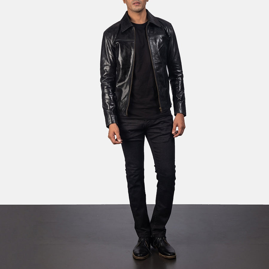 Vortex Men's Black Leather Jacket front view – VOOLUP