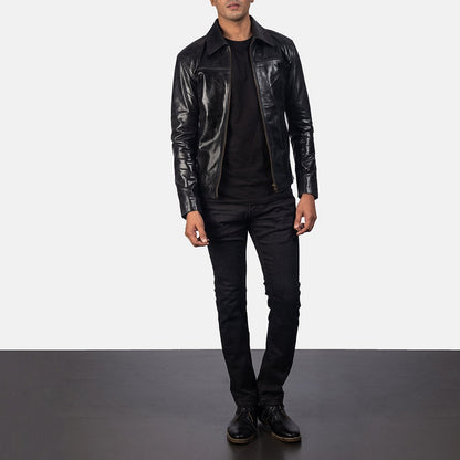 Vortex Men's Black Leather Jacket front view – VOOLUP