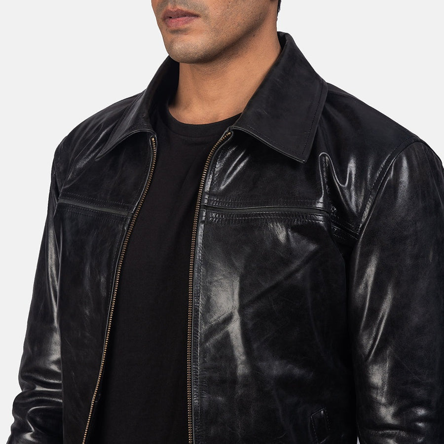 Vortex Men's Black Leather Jacket side detail closeup – VOOLUP
