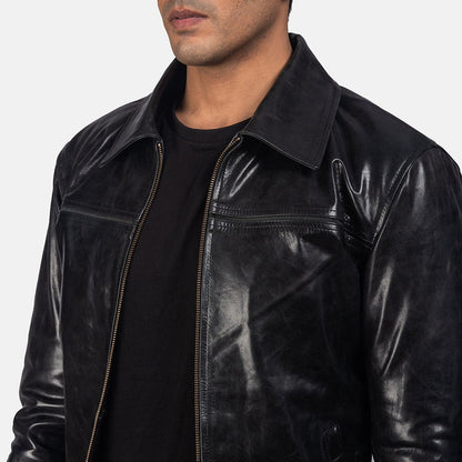 Vortex Men's Black Leather Jacket side detail closeup – VOOLUP