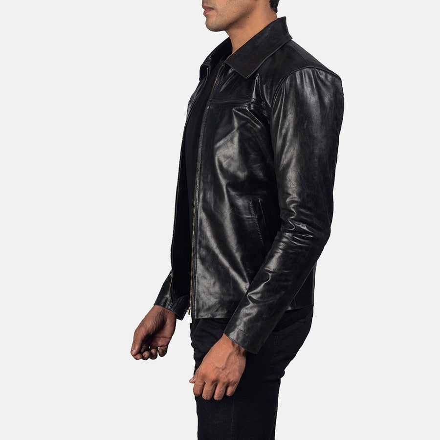 Vortex Men's Black Leather Jacket side view – VOOLUP