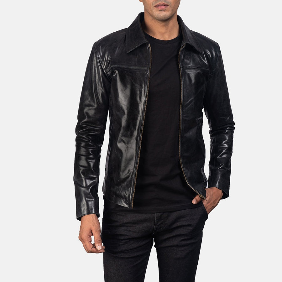 Vortex men's black genuine leather jacket side view – VOOLUP