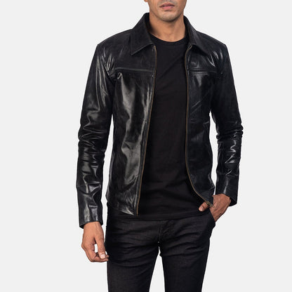 Vortex men's black genuine leather jacket side view – VOOLUP