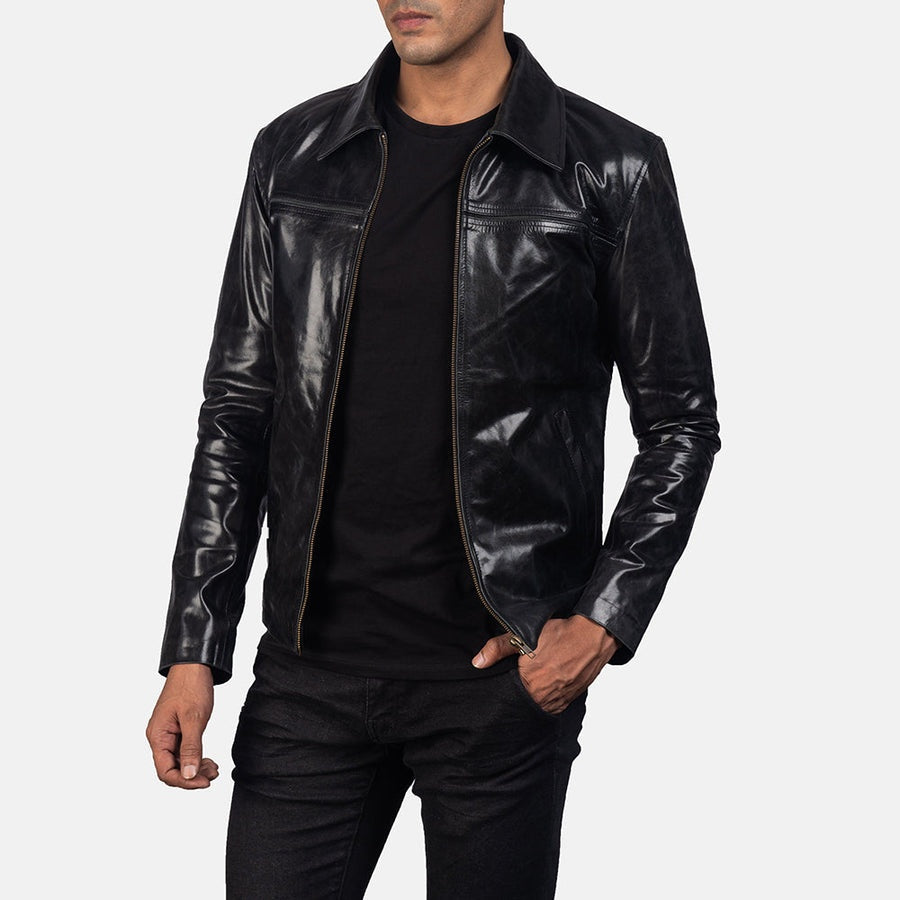 Vortex Men's Black Leather Jacket side view alternate – VOOLUP
