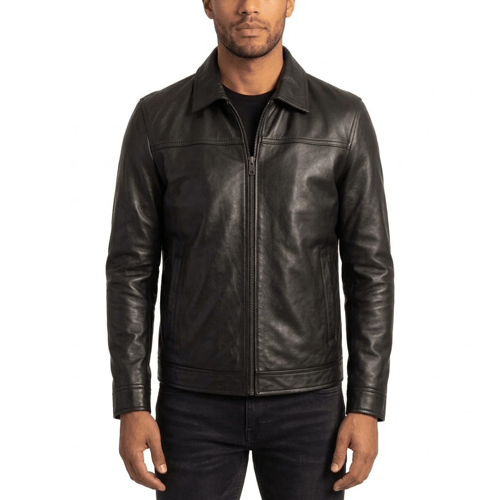 Ashford men's black genuine minimalist leather jacket front view – VOOLUP