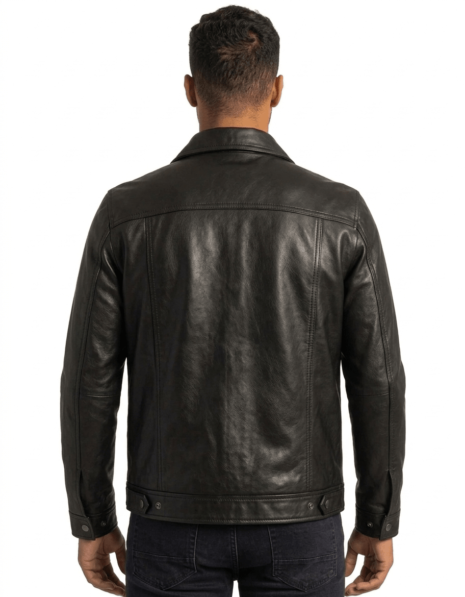 Ashford Men's Black Leather Jacket back view – VOOLUP