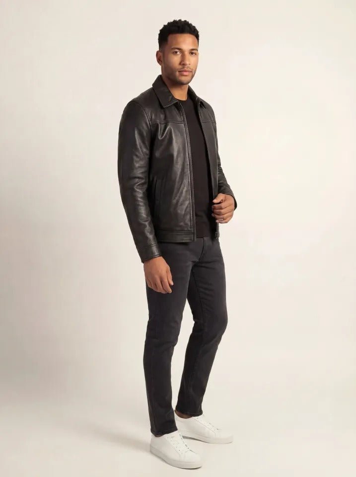 Ashford Men's Black Leather Jacket detail closeup – VOOLUP