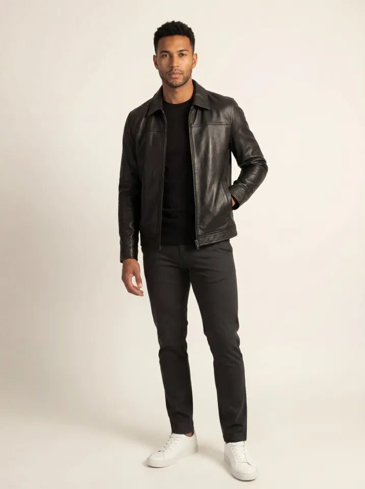 Ashford Men's Black Leather Jacket lifestyle view – VOOLUP