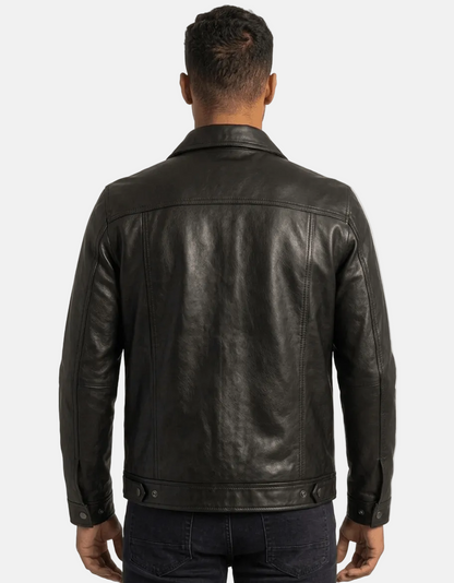 Ashford Men's Black Leather Jacket back view – VOOLUP
