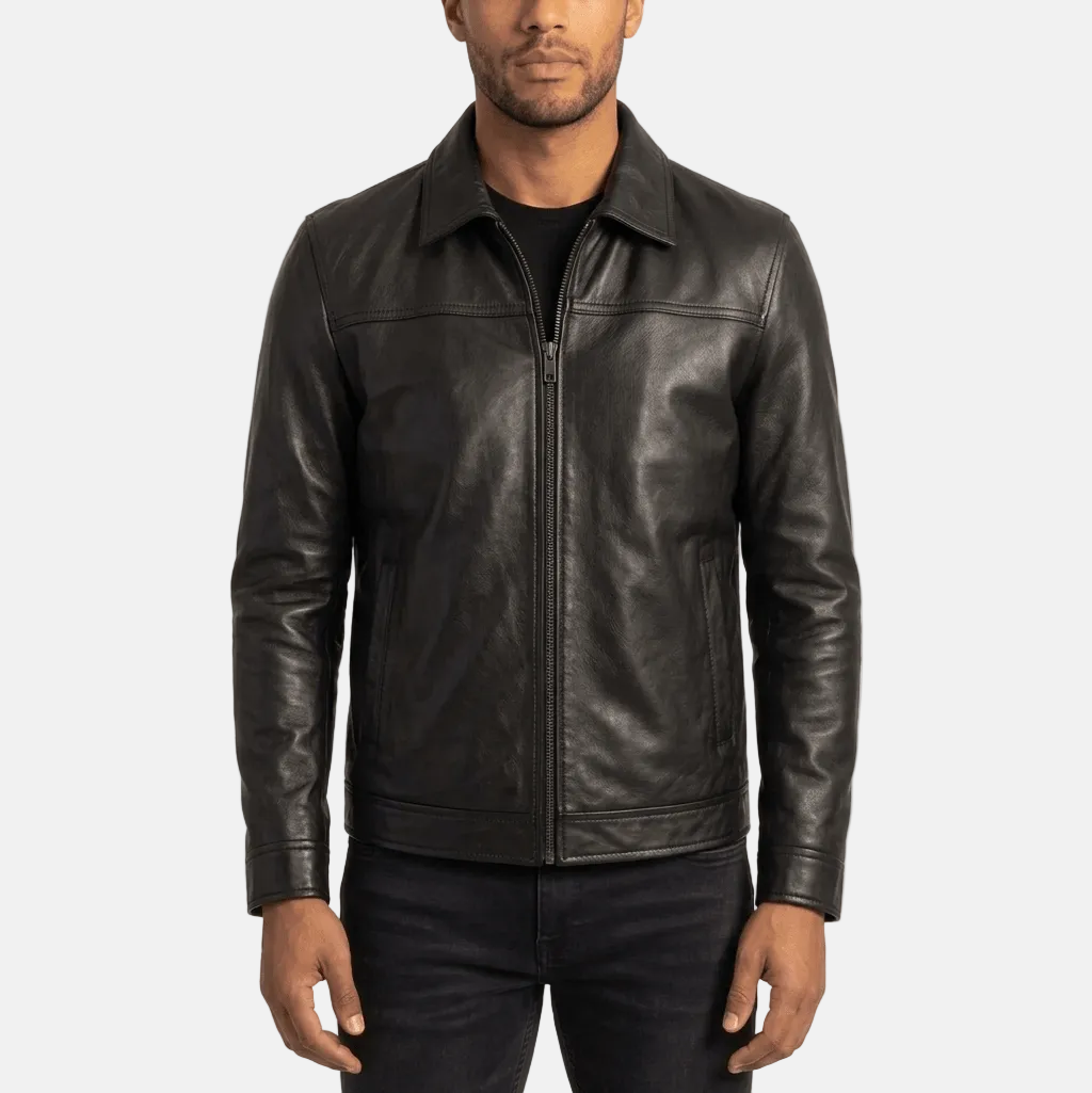 Ashford men's black genuine minimalist leather jacket front view – VOOLUP