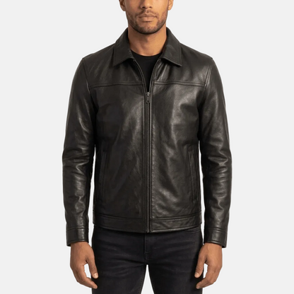 Ashford men's black genuine minimalist leather jacket front view – VOOLUP