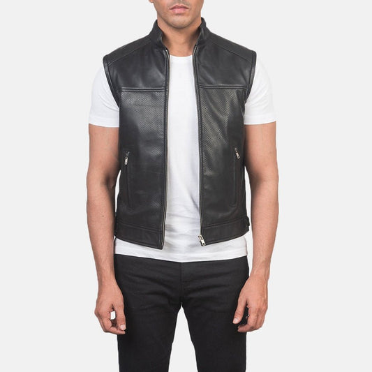 Bennett men's black genuine leather biker vest front view – VOOLUP