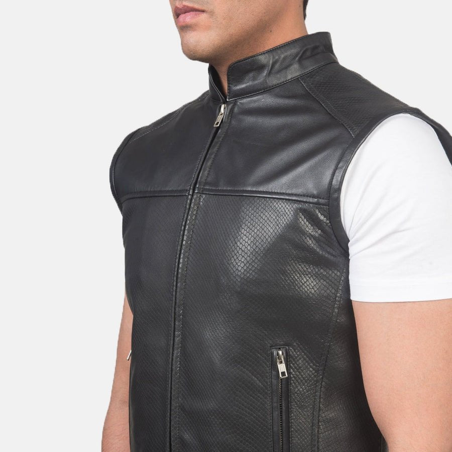 Bennett Men's Black Leather Biker Vest detail closeup – VOOLUP