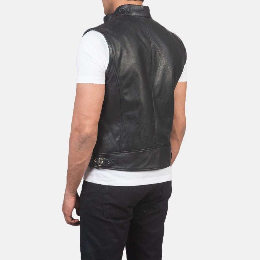 Bennett Men's Black Leather Biker Vest lifestyle view – VOOLUP