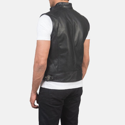 Bennett Men's Black Leather Biker Vest lifestyle view – VOOLUP