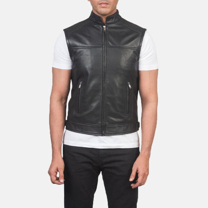 Bennett Men's Black Leather Biker Vest back view – VOOLUP