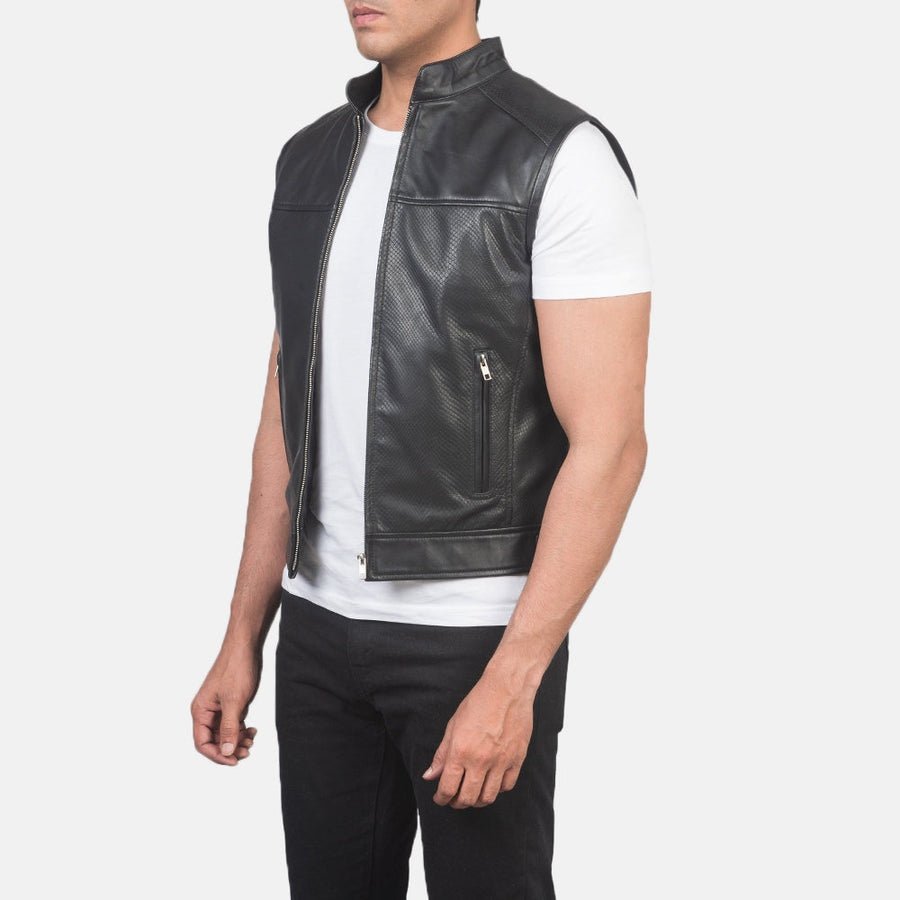 Bennett Men's Black Leather Biker Vest side view – VOOLUP