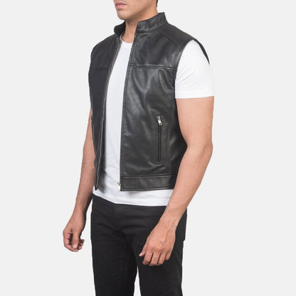 Bennett Men's Black Leather Biker Vest side view – VOOLUP
