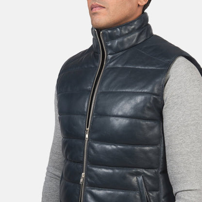 Bennett Men's Navy Blue Leather Biker Vest lifestyle detail – VOOLUP