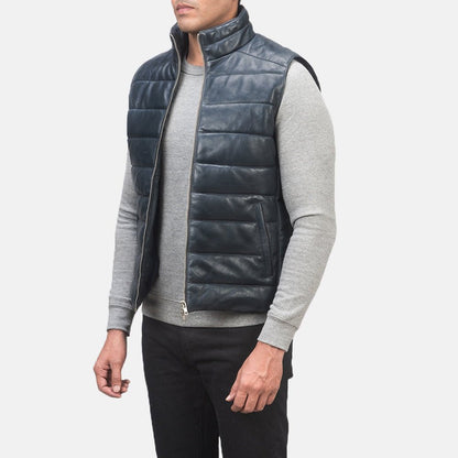 Bennett Men's Navy Blue Leather Biker Vest detail closeup – VOOLUP