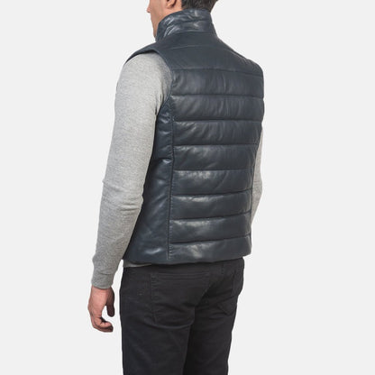 Bennett Men's Navy Blue Leather Biker Vest lifestyle view – VOOLUP