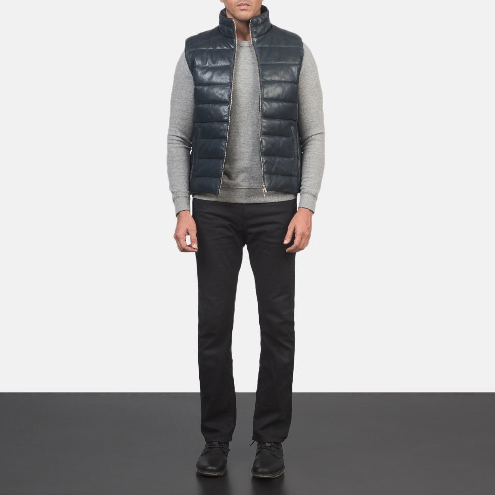 Bennett Men's Navy Blue Leather Biker Vest back view – VOOLUP