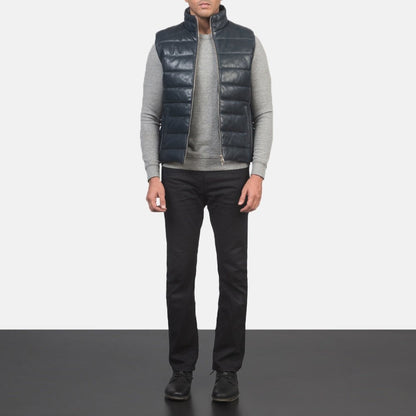 Bennett Men's Navy Blue Leather Biker Vest back view – VOOLUP