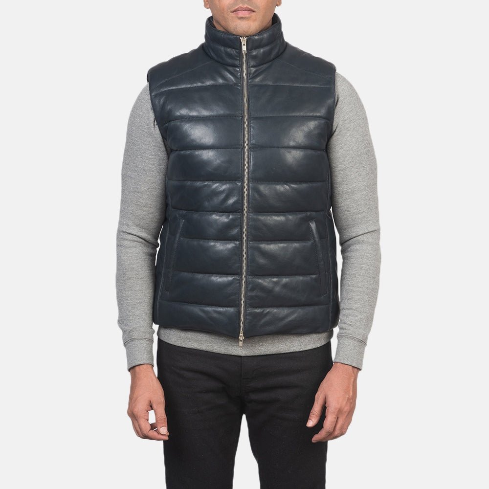 Bennett men's navy blue genuine leather biker vest front view – VOOLUP