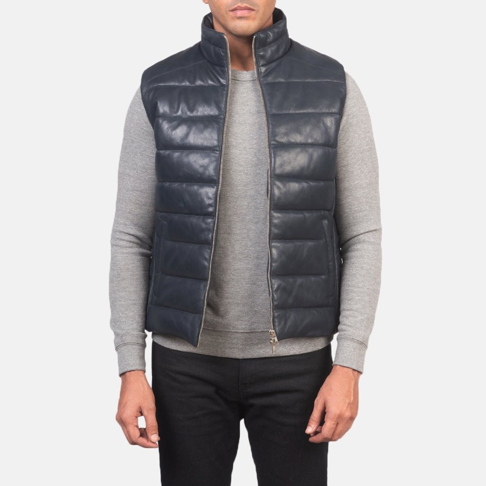 Bennett Men's Navy Blue Leather Biker Vest side view – VOOLUP