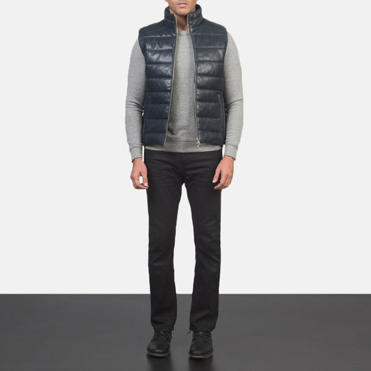 Bennett Men's Navy Blue Leather Biker Vest back view – VOOLUP