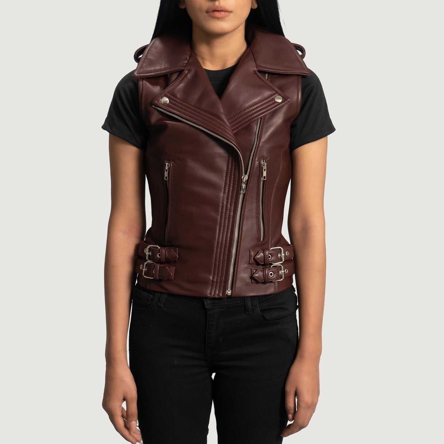 Bordeaux Women's Leather Buckle Biker Vest side view – VOOLUP