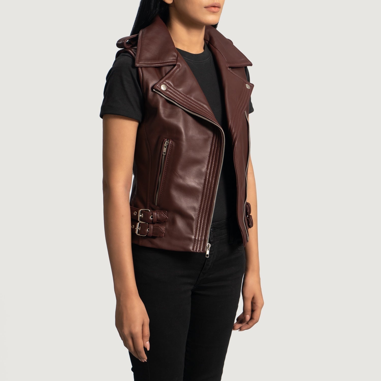 Bordeaux Women's Leather Buckle Biker Vest lifestyle view – VOOLUP