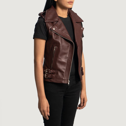 Bordeaux Women's Leather Buckle Biker Vest lifestyle view – VOOLUP